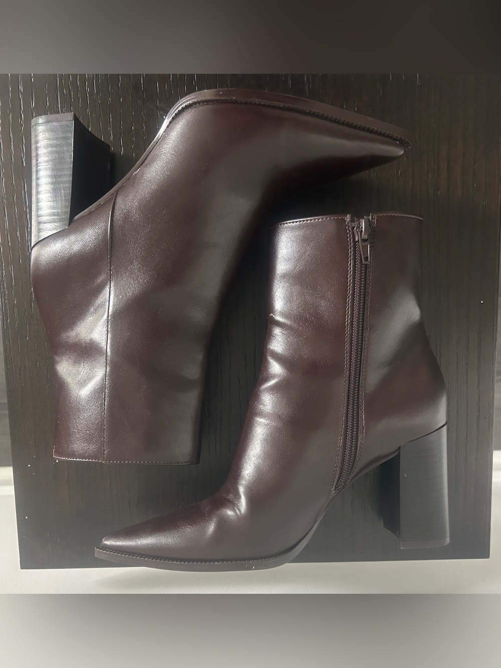 Mango Faux Leather Brown Pointed Toe Block Heel Ankle Boots EU 38 / US 37.5
